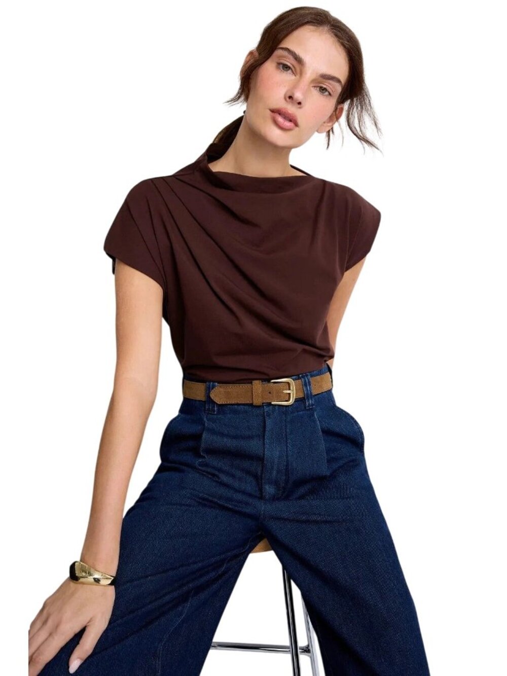 Modern Citizen Kenny Asymmetric-Neck Tee in Brown Xsmall Womens Stretchy Top